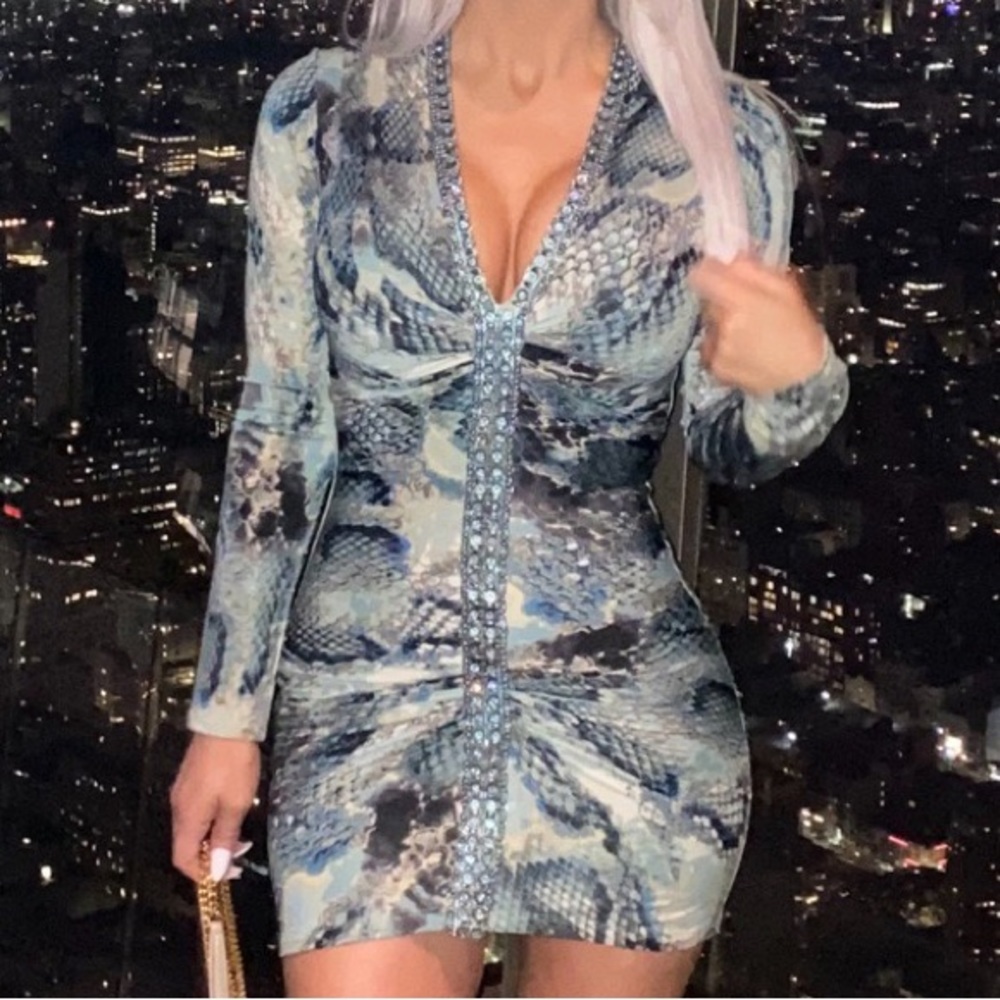 SKY IDIL MINI DRESS {$259} Blue Green Snakeskin Print Swarovski Embellished Lg